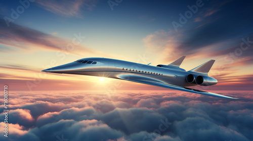 a sleek supersonic jet crossing the sky at dusk with beautiful sky background photo