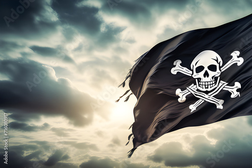 Mysterious Pirate Ghosts: a pirate flag adorned with cloudy skies and swaying skeletons and bones, Roger Symbols and dark and mysterious hacker and robbery concepts generative ai