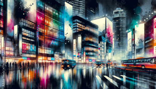 Neon Glow Urban Dreamscape. Futuristic cityscape bathed in neon lights and reflections at night.