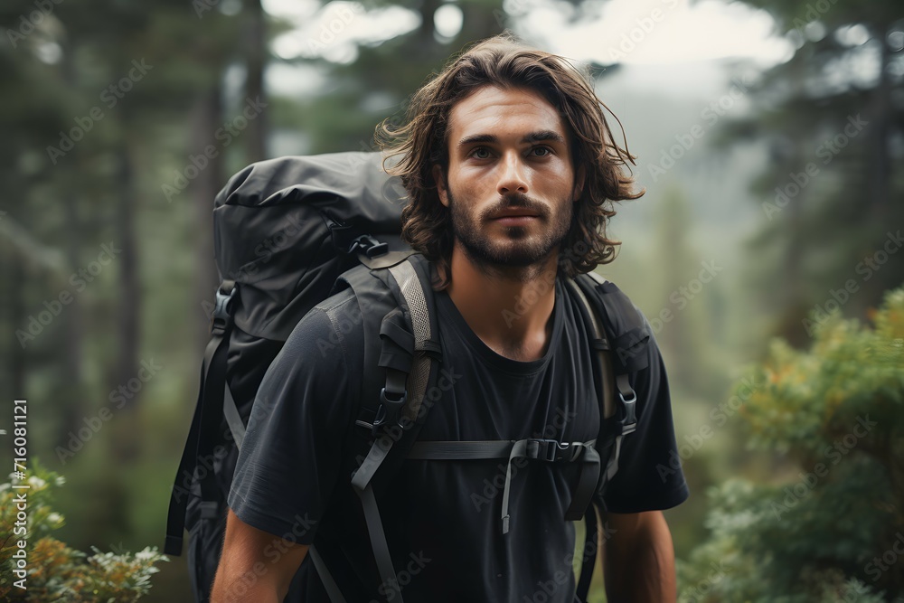 Male backpacker enjoying a hike through a lush forest trail