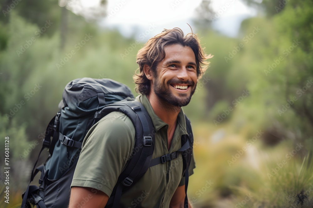Male backpacker enjoying a hike through a lush forest trail Male backpacker enjoying a hike through a lush forest trail