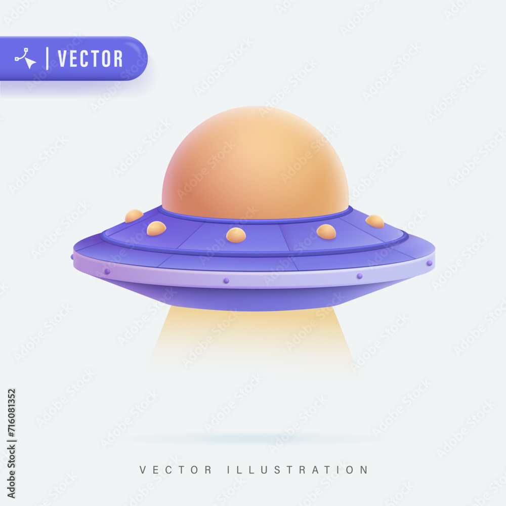 Fototapeta premium UFO 3d vector illustration isolated, flying UFO with yellow and purple color