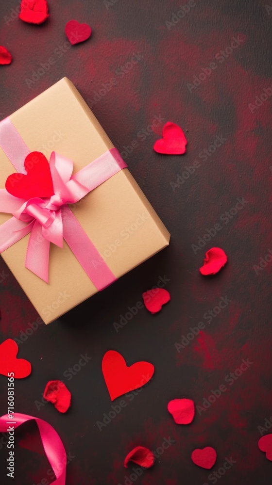 Kraft gift box with beautiful red and pink ribbon, concept of Valentine, birthday, mother's day and anniversary greeting, copyspace, topview. Kraft gift box with beautiful red and pink ribbon, concept of Valentine, birthday, mother's day and anniversary greeting, copyspace, topview.
