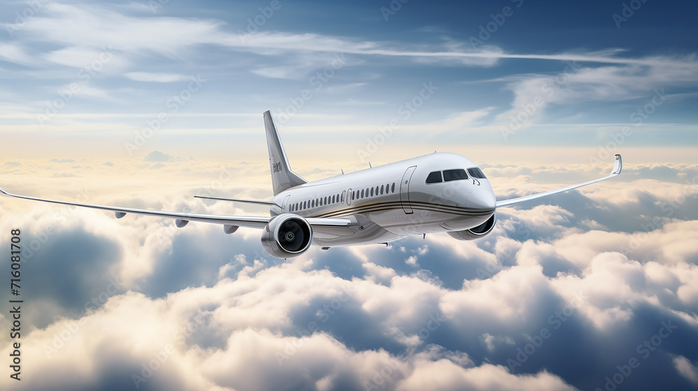 luxurious private jet with polished silver exterior and custom logo flies high above the clouds