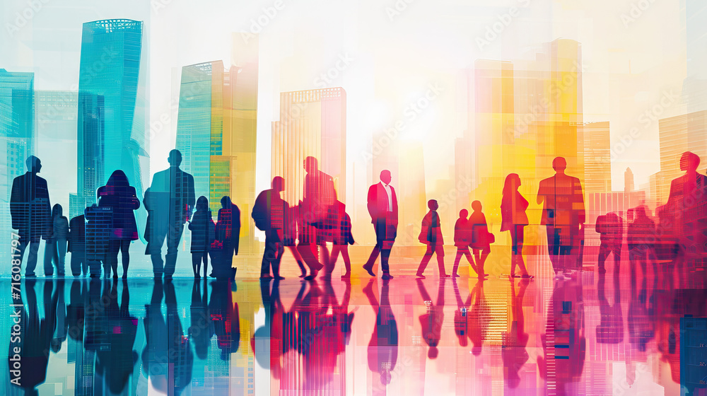 Success in the City: A Visual Representation of Success and Teamwork in the Workplace, Featuring Groups of Businessmen and Women with Tall Skyscrapers in the Background