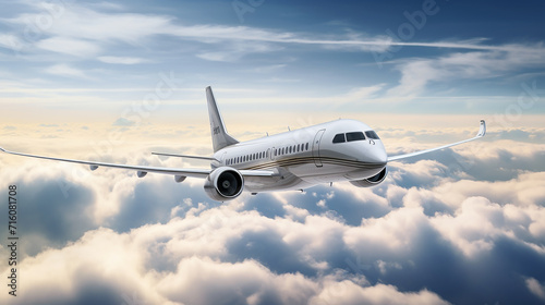 luxurious private jet with polished silver exterior and custom logo flies high above the clouds