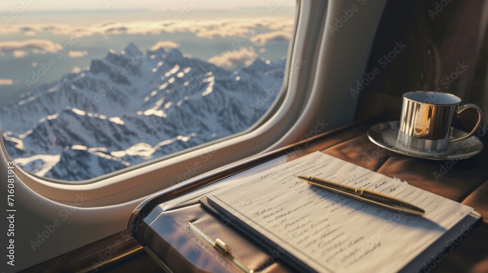 Elevate your correspondence game with this stunning stationery set, highlighted by majestic mountain vistas seen through the private jets window.