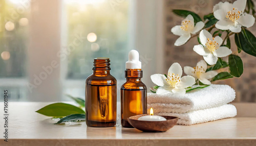 Bottles on the background of the spa room. Skin care serum or natural cosmetics with essential oil. face and body beauty concept. Spa concept. 
