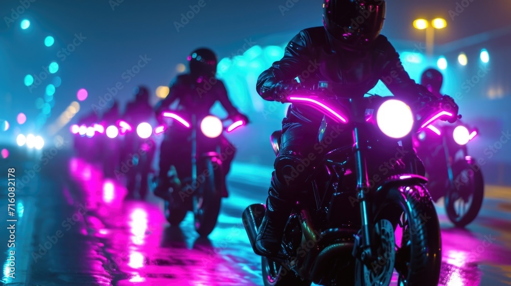 A group of motorcycle riders with neon helmets and lights lining their bikes perform synchronized stunts creating a dazzling show of neon in motion
