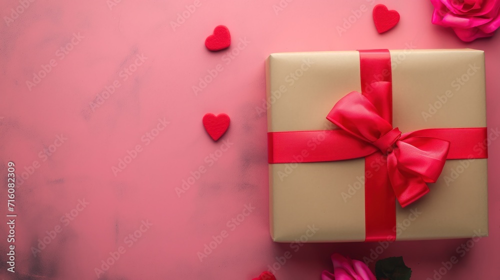Kraft gift box with beautiful red and pink ribbon, concept of Valentine, birthday, mother's day and anniversary greeting, copyspace, topview. Kraft gift box with beautiful red and pink ribbon, concept of Valentine, birthday, mother's day and anniversary greeting, copyspace, topview.