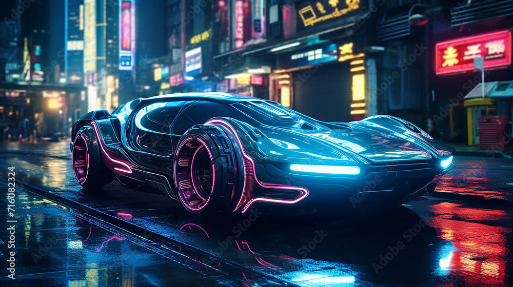 Retro-Futuristic Hovercar in a Neon-Lit Metropolis