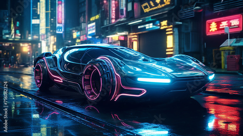 Retro-Futuristic Hovercar in a Neon-Lit Metropolis © pjdesign