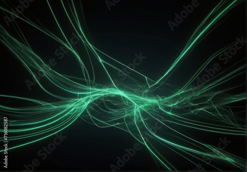 Green neon lines abstract wallpaper, Streaming energy on black background from Generative AI