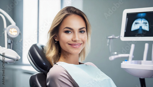 Businesswoman smiling while sitting in dentist's chair