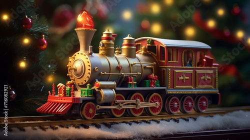 toy train in festive christmas setting miniature toy train circles around decorated Christmas tree