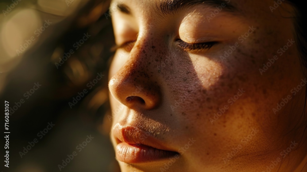 A closeup of the persons face shows a serene expression, completely absorbed in their meditation.