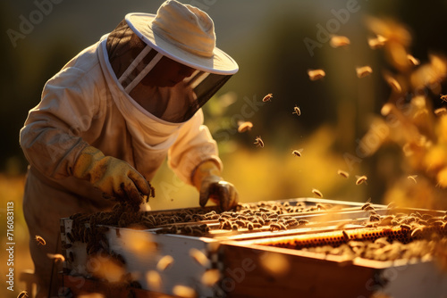 A beekeeper tending to a beehive  representing sustainable beekeeping and environmental care. Concept of bee conservation and natural farming. Generative Ai.