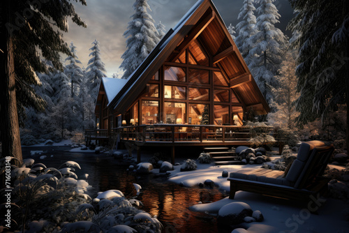 A tranquil scene of a wooden cabin in a snowy forest, illustrating peace and winter beauty. Concept of winter tranquility and nature retreat. Generative Ai. © Sebastian