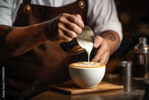 A barista crafting a latte art in a coffee shop, illustrating culinary artistry and hospitality. Concept of coffee culture and culinary creativity. Generative Ai.