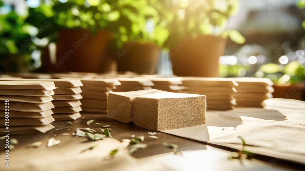 Closeup of a plantbased, biodegradable packaging material being used in a factory