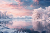 A winter landscape with a frozen lake, portraying the beauty and serenity of nature. Generative Ai.