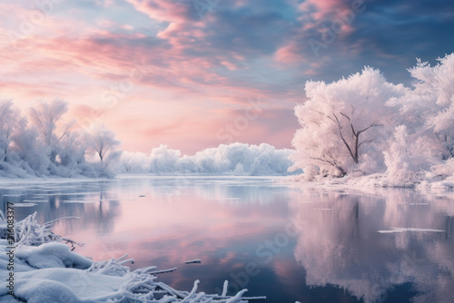 A winter landscape with a frozen lake, portraying the beauty and serenity of nature. Generative Ai.
