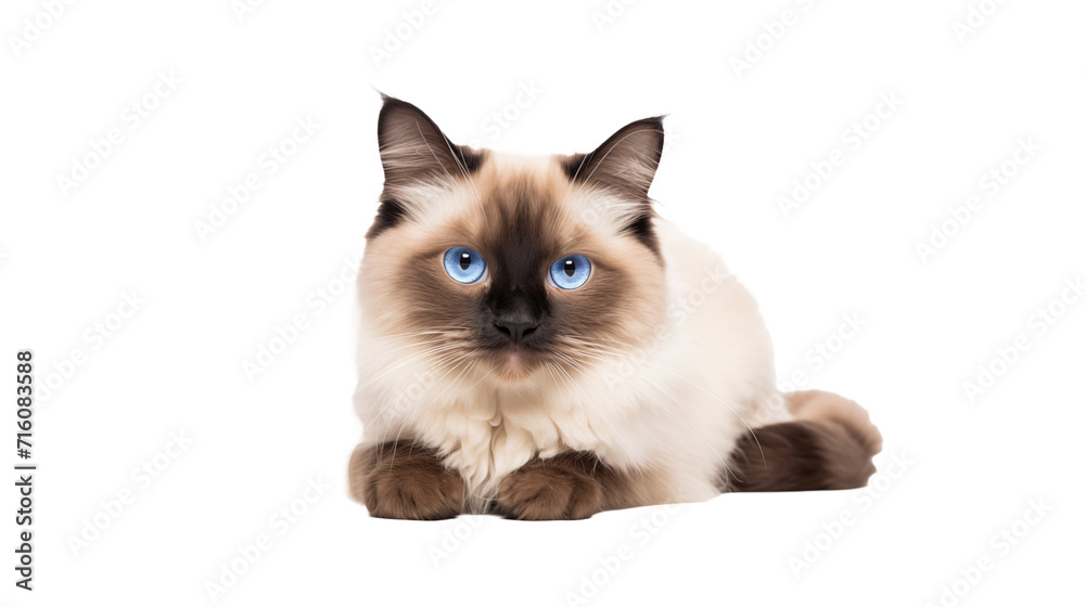 A cat with striking blue eyes calmly seated, exuding an air of tranquility and elegance.
