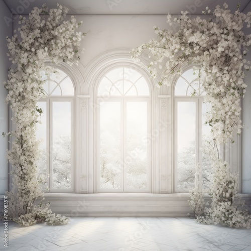 Renaissance-Inspired Wedding Photo: White Backdrop, Flower Arrangements, Archway, Timeless Elegance, Floral Romance, Bridal Serenity, Classic Perspective, Wedding Venue Beauty, Historical Charm, 