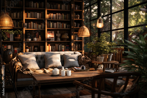 A cozy café corner with books and comfortable seating, evoking warmth and relaxation. Generative Ai. © Sebastian
