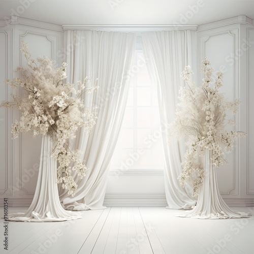 Renaissance-Inspired Wedding Photo  White Backdrop  Flower Arrangements  Archway  Timeless Elegance  Floral Romance  Bridal Serenity  Classic Perspective  Wedding Venue Beauty  Historical Charm  