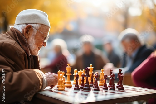 A group of elderly people enjoying a chess game in the park, symbolizing leisure and wisdom. Generative Ai.