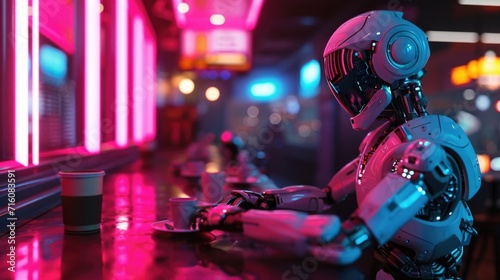 A neon robot cafe serves up steaming cups of coffee to its many robot and human patrons photo