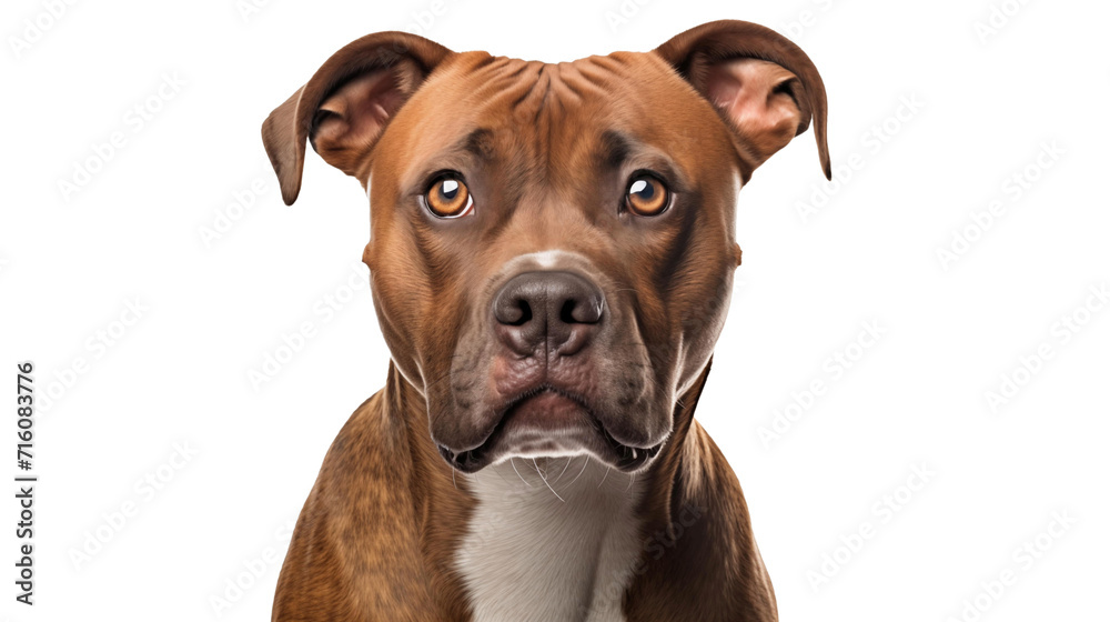 A brown and white dog staring at the camera with a curious expression.