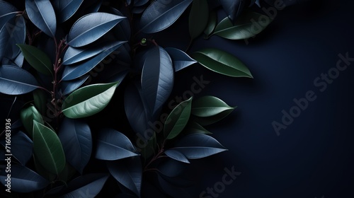 Dark blue tropical leaf texture with copy space for nature concept and flat lay composition.