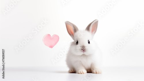 Cute fluffy white rabbit, bunny with a pink heart on a white background.