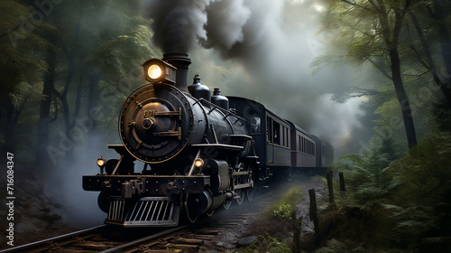 an old vintage steam locomotive in a misty forest