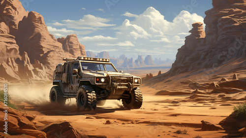 A rugged, all-terrain vehicle traversing a rocky desert landscape