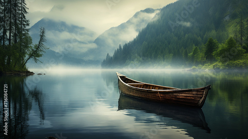 a simple, wooden rowboat on the serene waters of a misty fjord © Aura