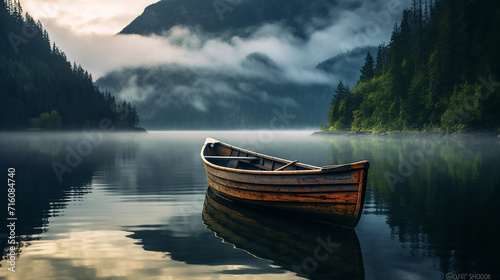 a simple, wooden rowboat on the serene waters of a misty fjord photo