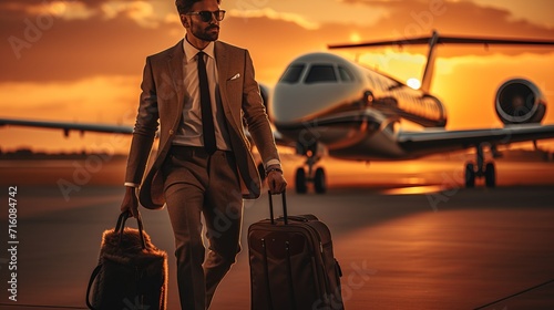 Business traveler boarding private jet with luggage ready for a luxurious journey © Ilja