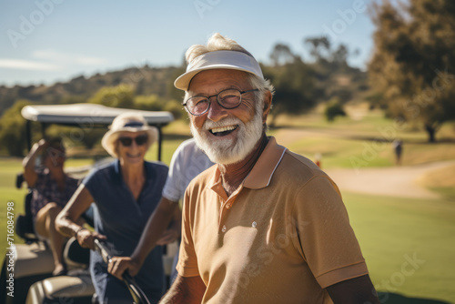 On a scenic golf course, a diverse group of seniors practices their swings, embodying the camaraderie and physical activity that comes with embracing golf in their retirement. Generative Ai.