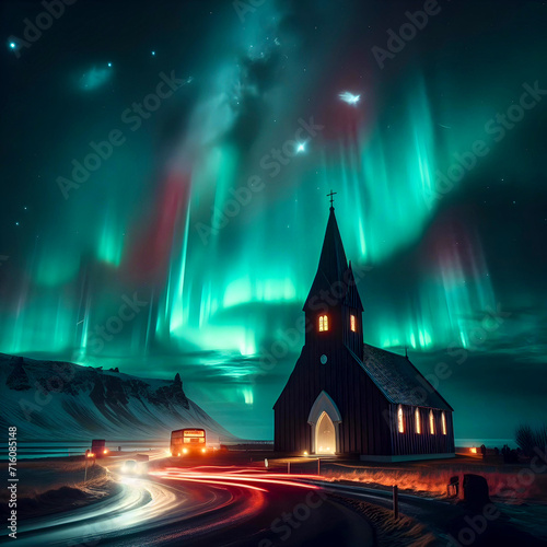 church in the night Aurora Borealis Northern Lights at Vik Church Iceland