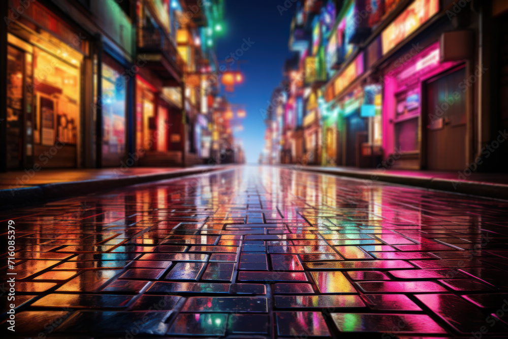 Neon signs flicker and reflect off rain-soaked pavement, transforming a city street into a vibrant and dynamic kaleidoscope of colors. Concept of urban nightlife. Generative Ai.
