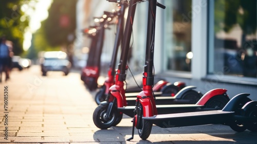 Closeup of a group of electric scooters lined up neatly in a parking lot, showcasing the convenience and sustainability of this mode of transportation. photo