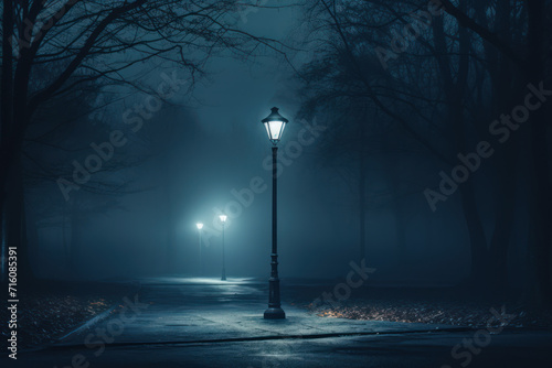 A lone lamppost stands tall in the evening mist, its soft light creating an ethereal atmosphere that evokes a sense of mystery and nostalgia. Concept of nocturnal solitude. Generative Ai.