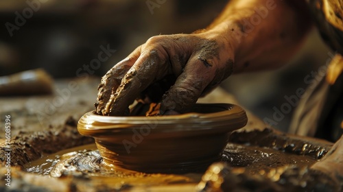 A potters fingers patiently press and smooth the surface of a clay vessel.