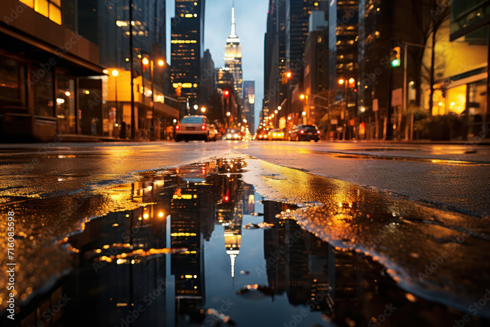 A photographer captures the play of city lights on rain-slicked streets, creating a reflective canvas that mirrors the urban energy after a rainfall.  Generative Ai.