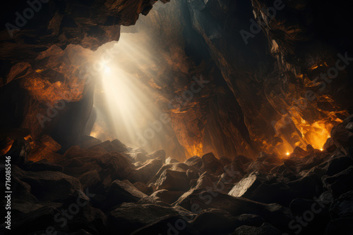 A flashlight cuts through the darkness of a cave, revealing intricate rock formations and emphasizing the juxtaposition between light and shadow in subterranean landscapes. Generative Ai.