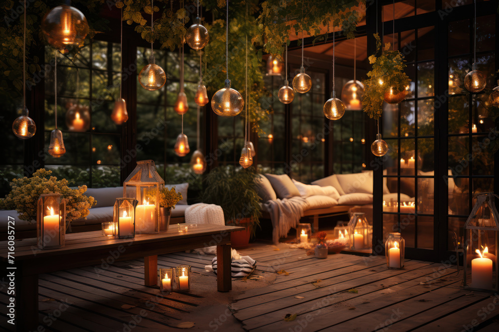 A lantern-lit garden party unfolds, infusing an outdoor space with a warm and convivial atmosphere, fostering connections and shared moments. Concept of illuminated social gatherings. Generative Ai.