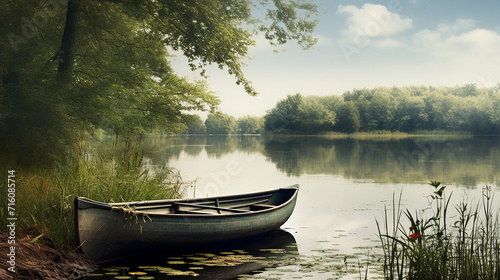 small rustic rowboat on the edge of of a tranquil pond photo